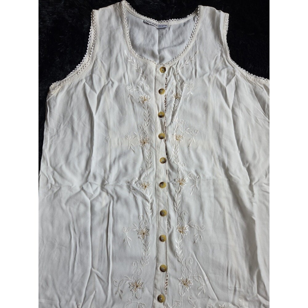 Raya Sun Swing Tank Dress L Cream Embroidery Lace Ruffles Lightweight Buttons - Picture 2 of 11